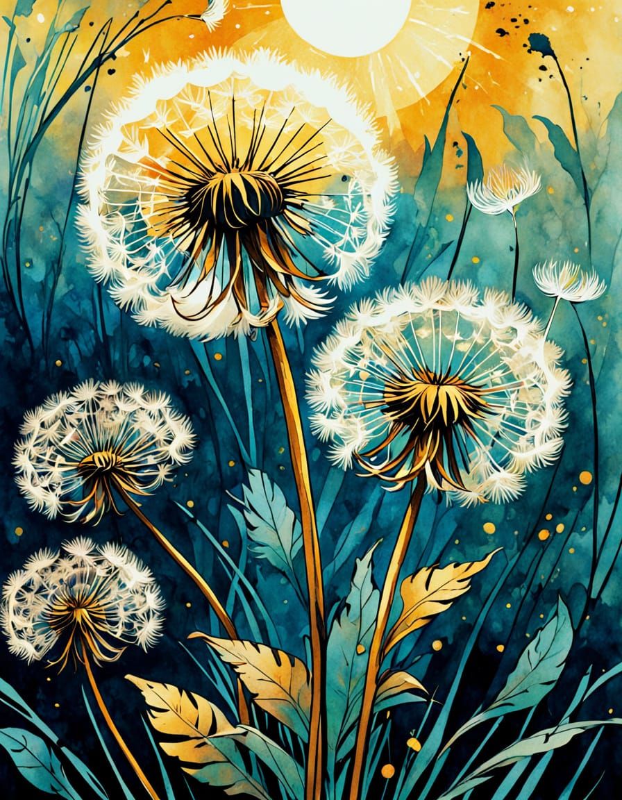 Dandelion Seeds Drift in Vibrant Botanical Art Nouveau Style