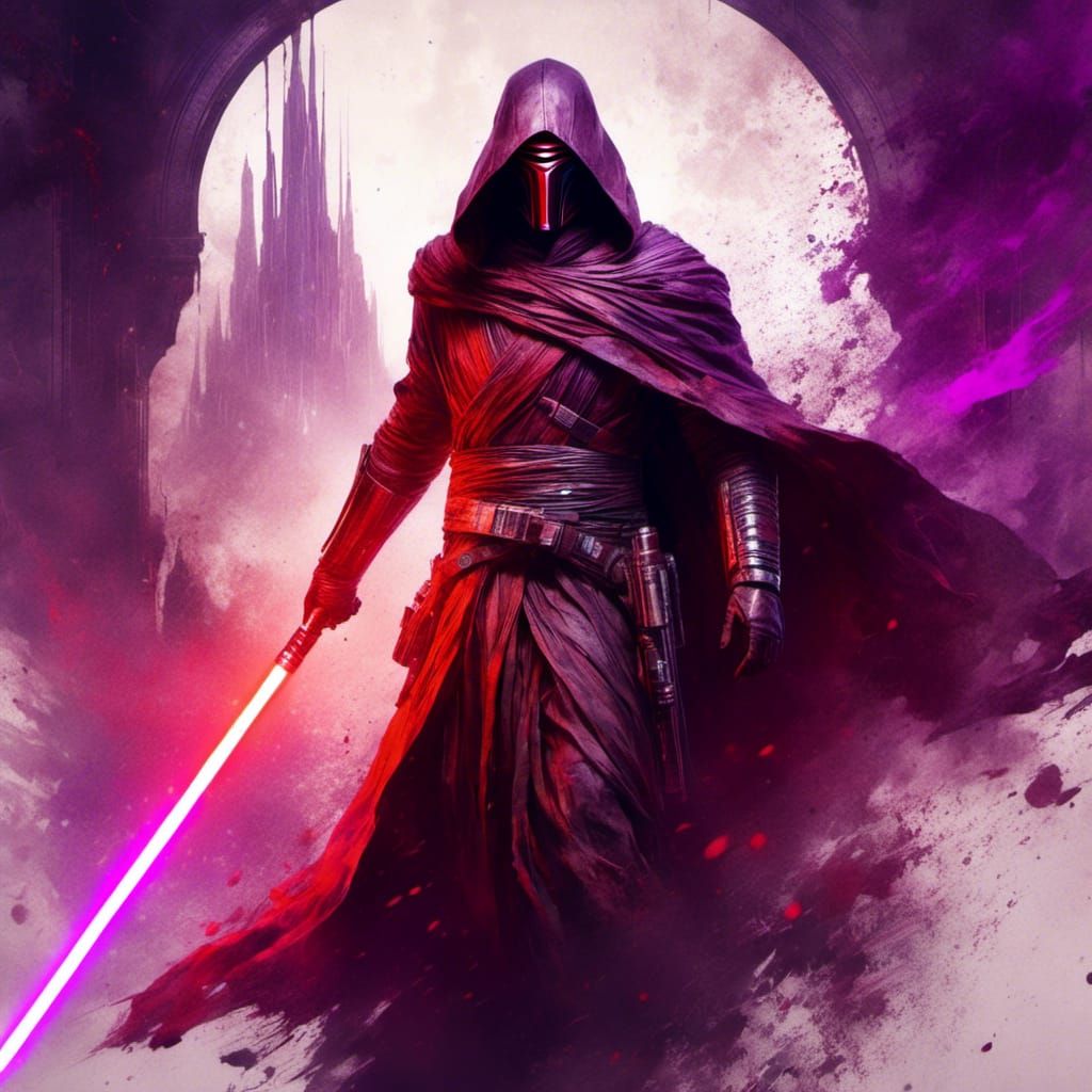 <lora:Macabre:1.0> full body portrait, Jedi Master Revan holding a purple lightsaber, hooded, 8k resolution concept art ...
