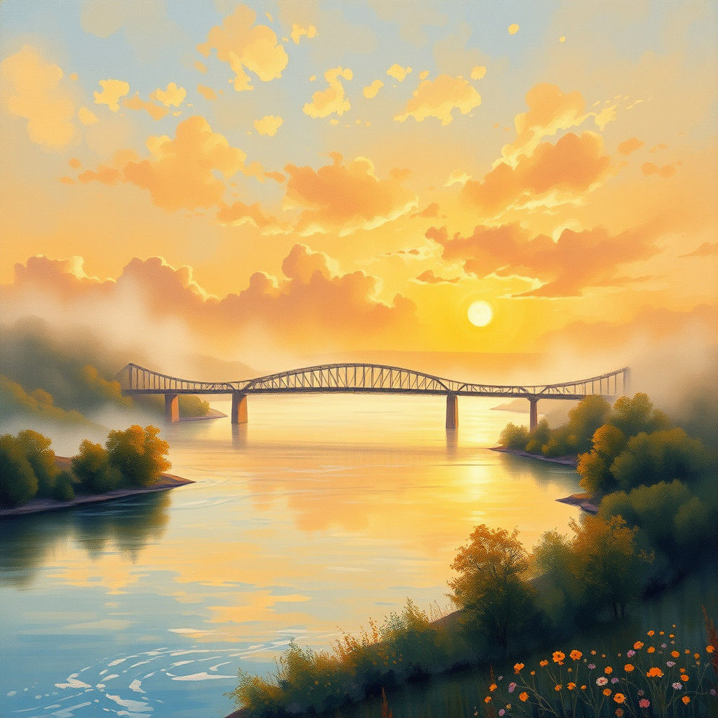 Majestic Bridge Over Serene River in Impressionist Style