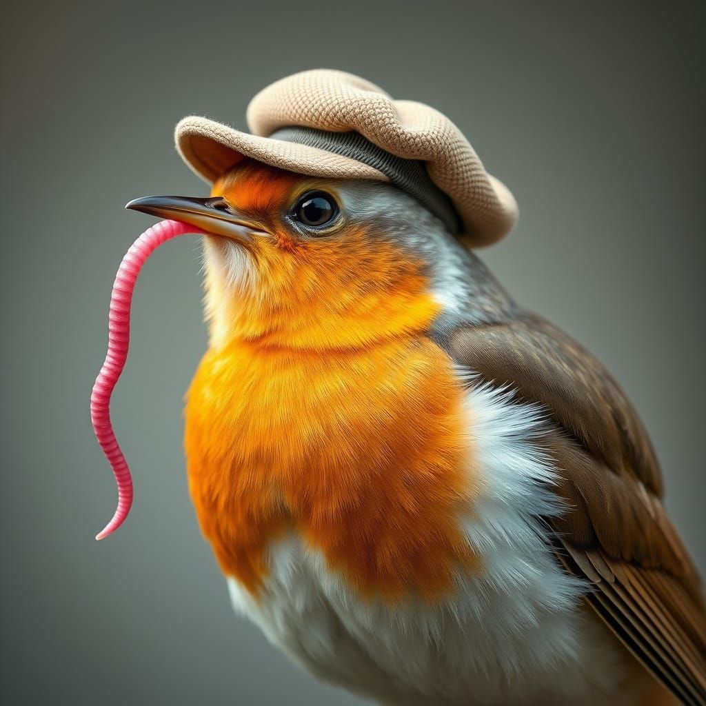Proud Robin with Worm and Hat