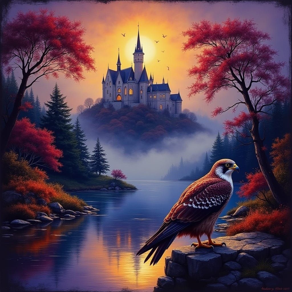 Hyper-Realistic Peregrine Falcon in Autumn Castle Scene