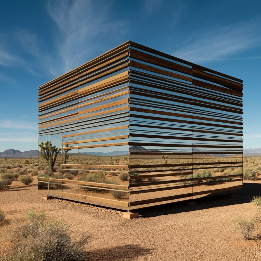 Surreal Desert Cabin Art Installation with Mirrored Panels