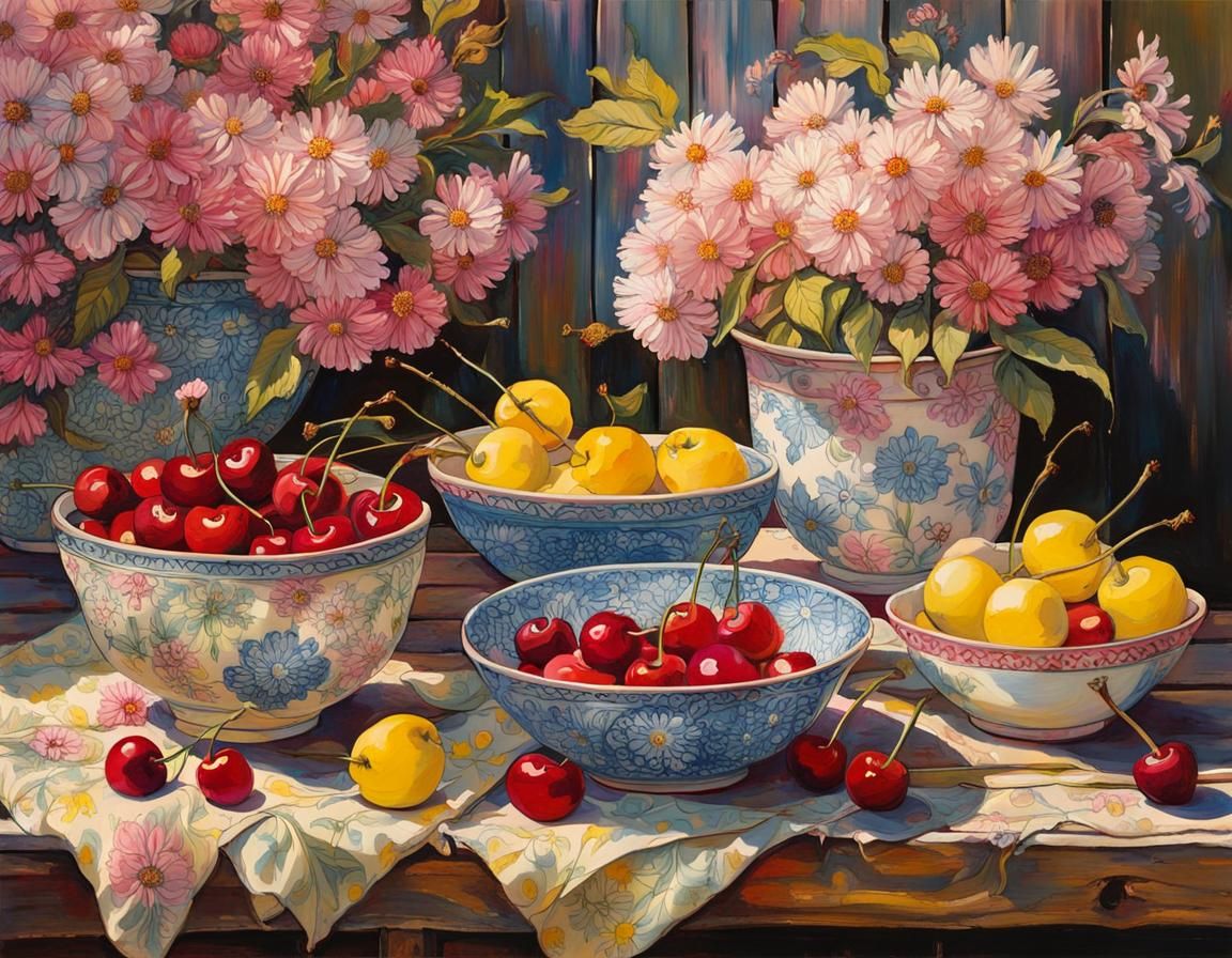 Cherries and Flowers Still Life in Warm Light