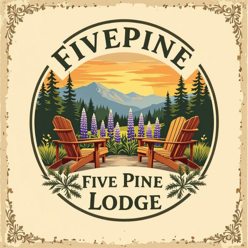 Vintage FivePine Lodge Logo with Lupines and Pines