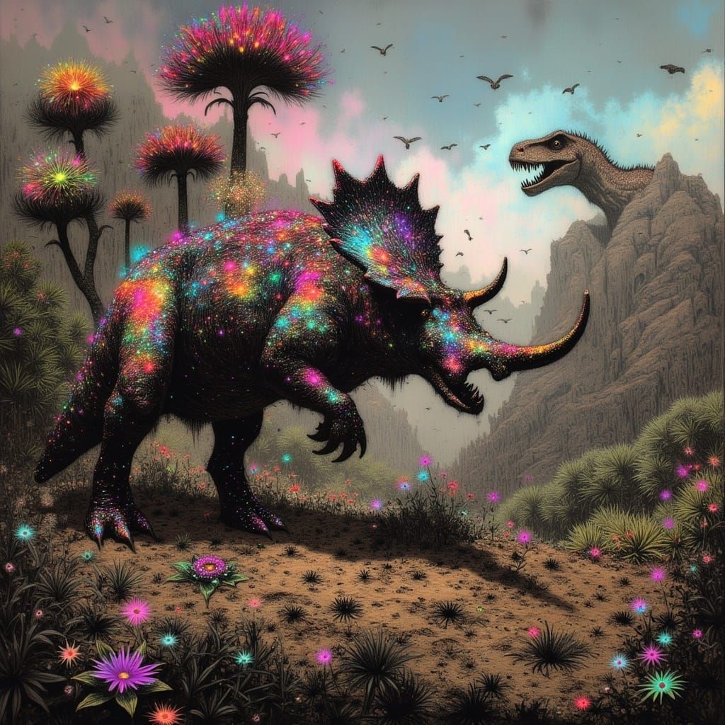 Fantastical Prehistoric Battle in Vibrant Colors