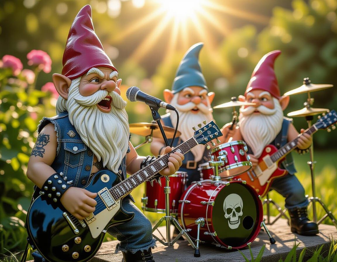 Heavy Metal Gnomes Rock a Sunlit Garden Concert