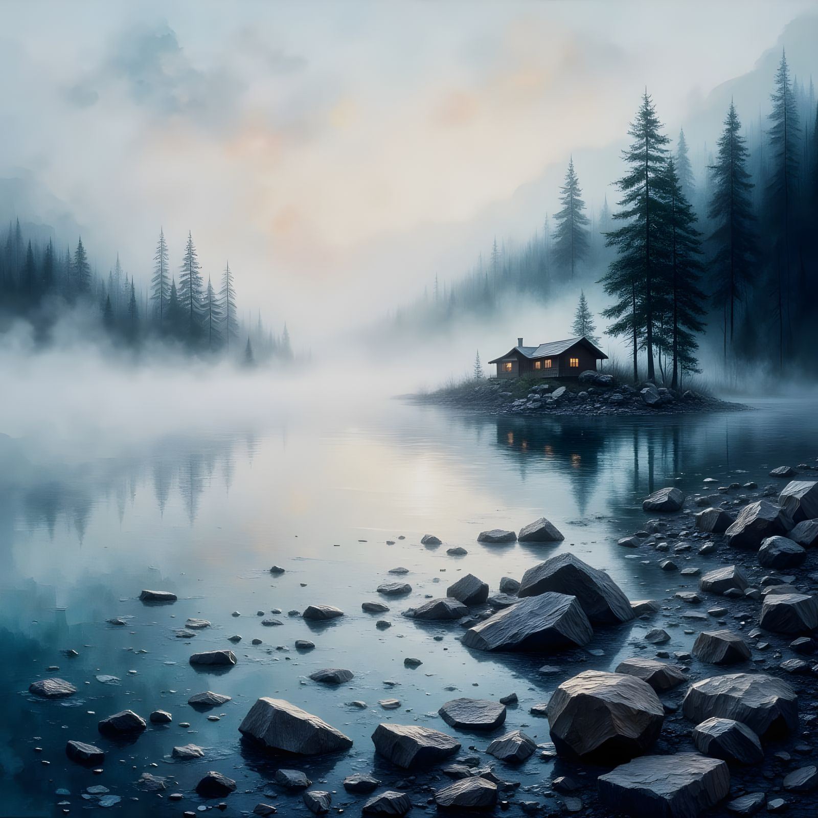 Serene Foggy Lake at Dawn as Impasto Painting