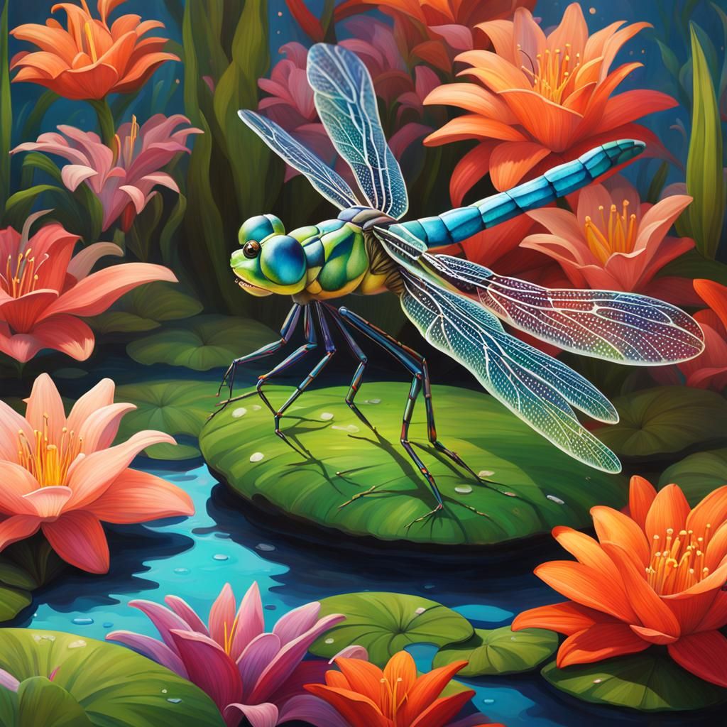 Hyperrealistic Terrarium with Dragonfly and Lily