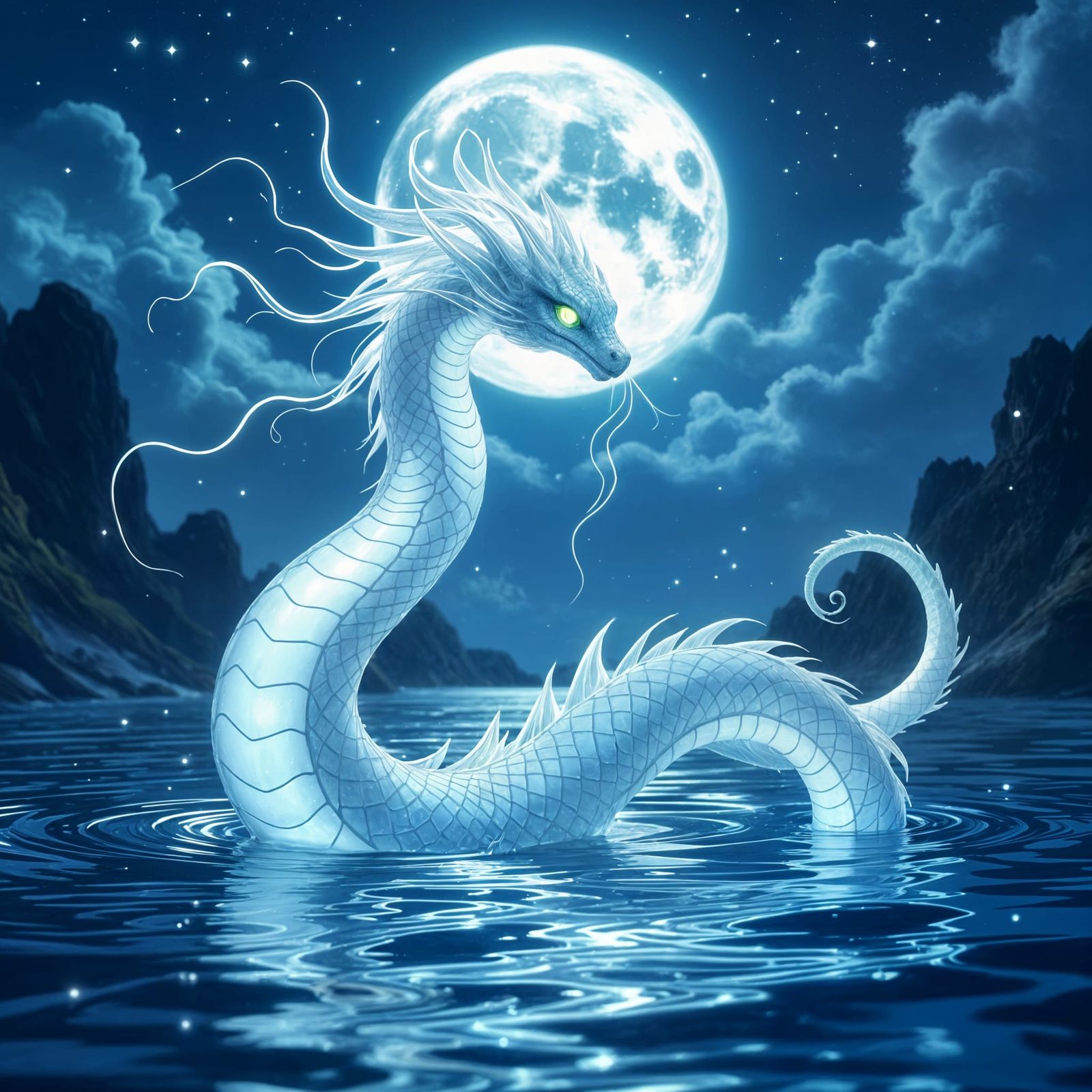 Ghostly Water Serpent with Bioluminescent Runes