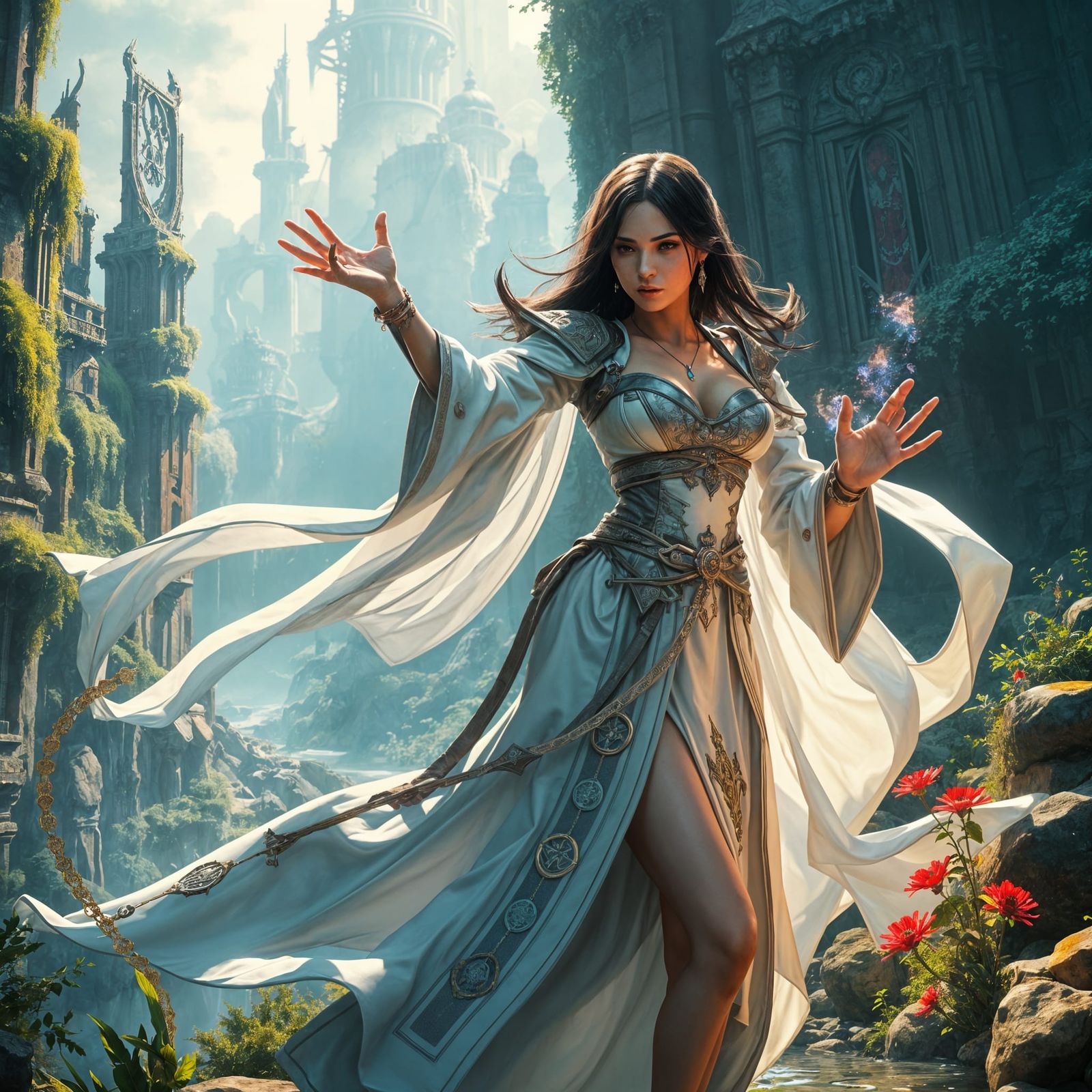 Elegant Mage Casting in Cyberpunk Fantasy