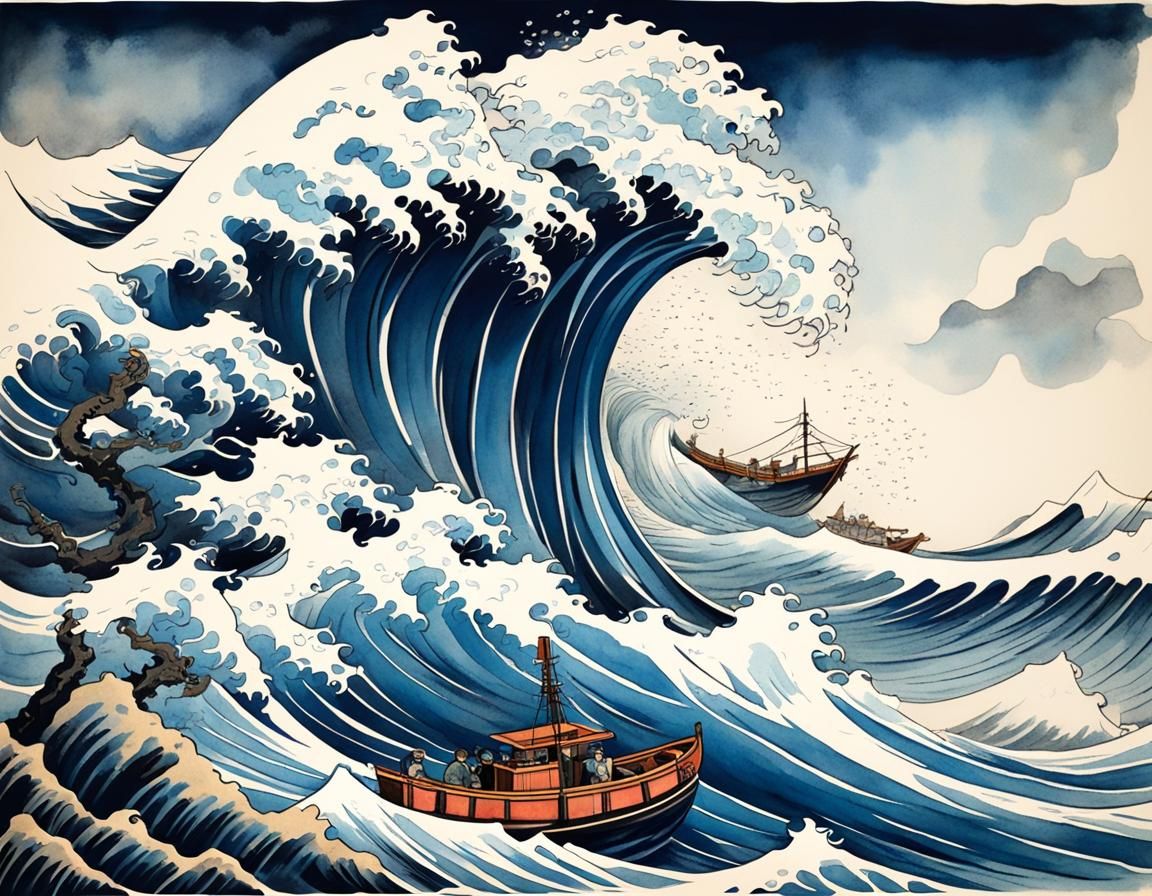 Giant Wave About to Engulf Fishing Boat