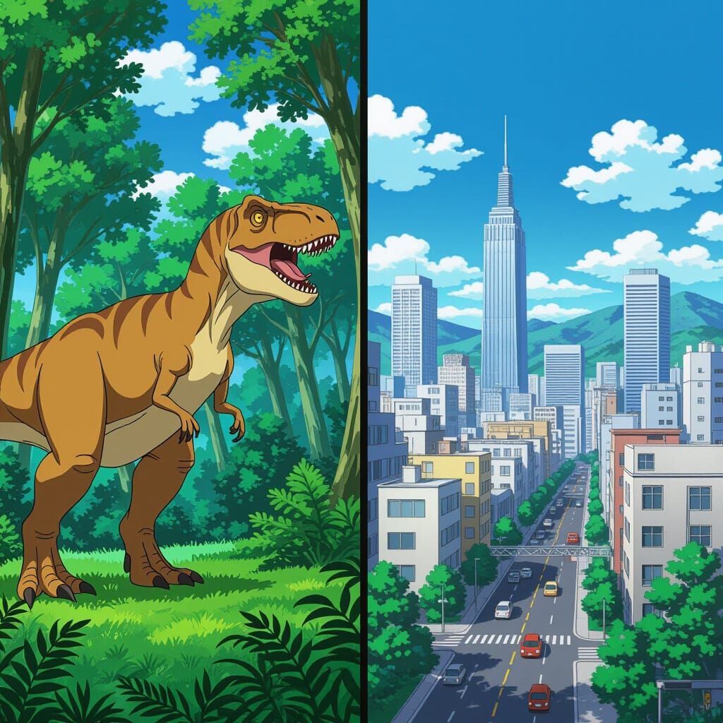 Jurassic Forest Meets Modern City Split Screen Anime