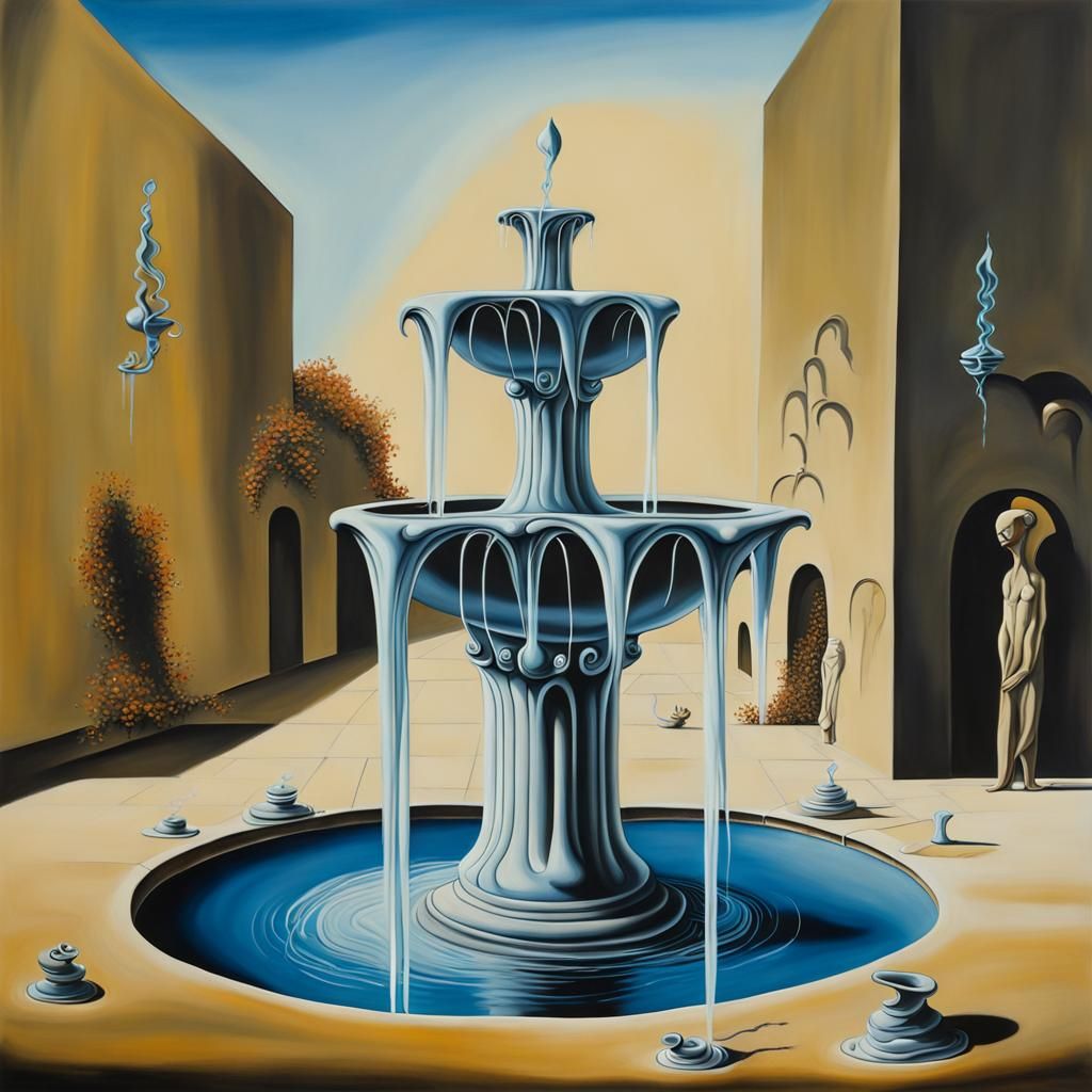 Surreal Melting Water Fountains in Oil on Canvas