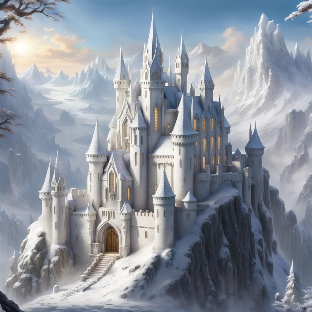 Majestic White Castle Soaring from Mountain Peak