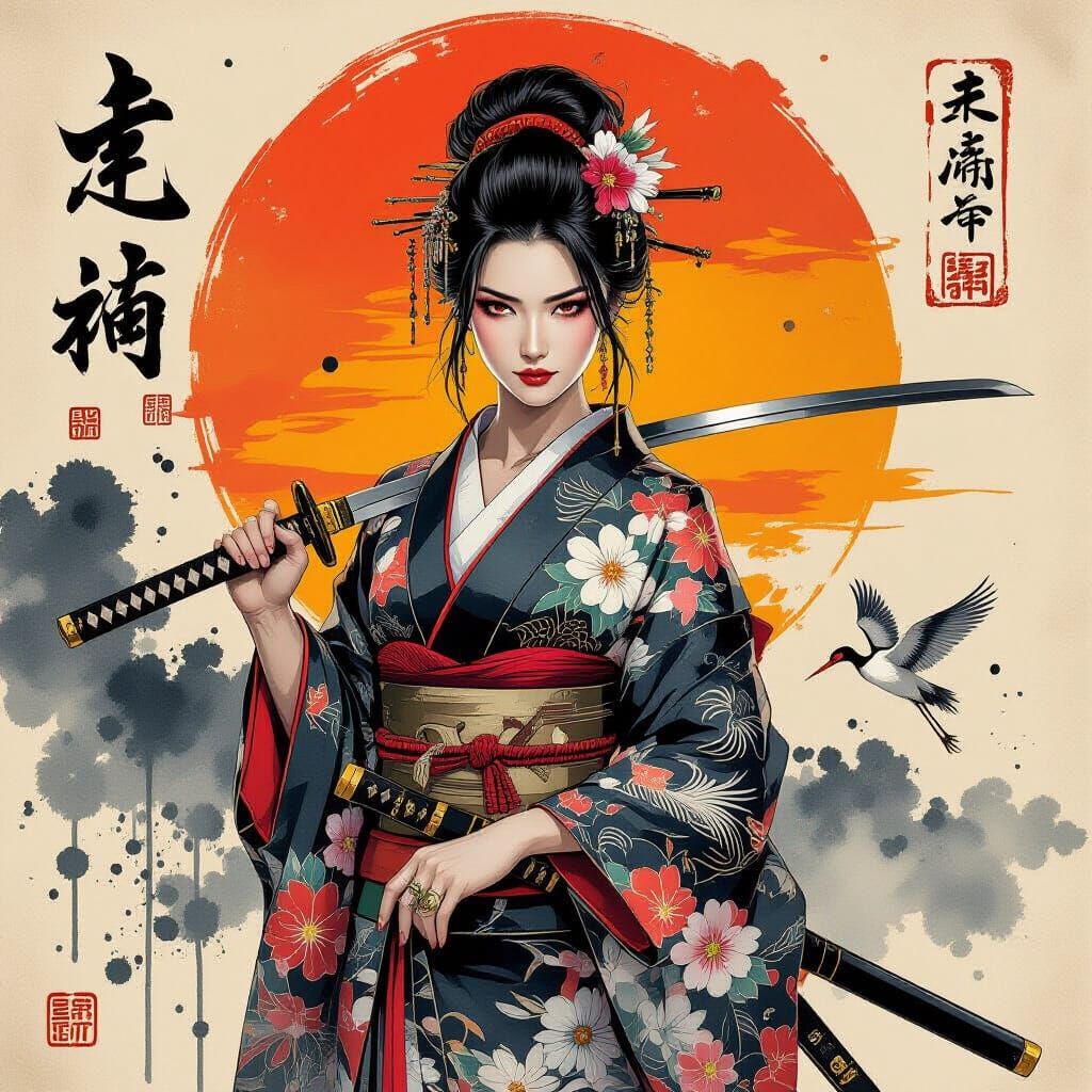 Cinematic Digital Painting of Japanese Warrior Woman with Ka...