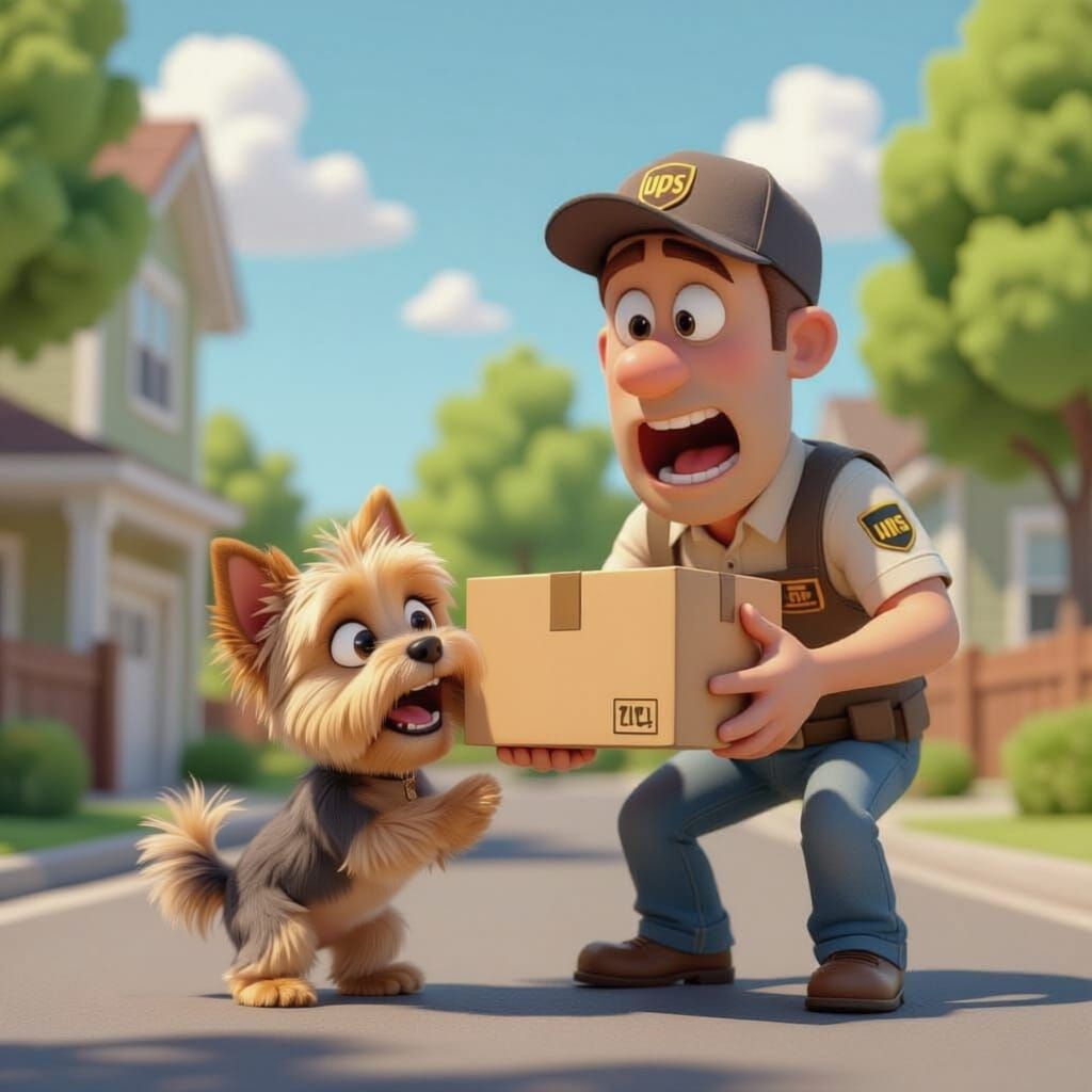 Tiny Yorkie Bites Shocked UPS Driver in Pixar-Style Cartoon