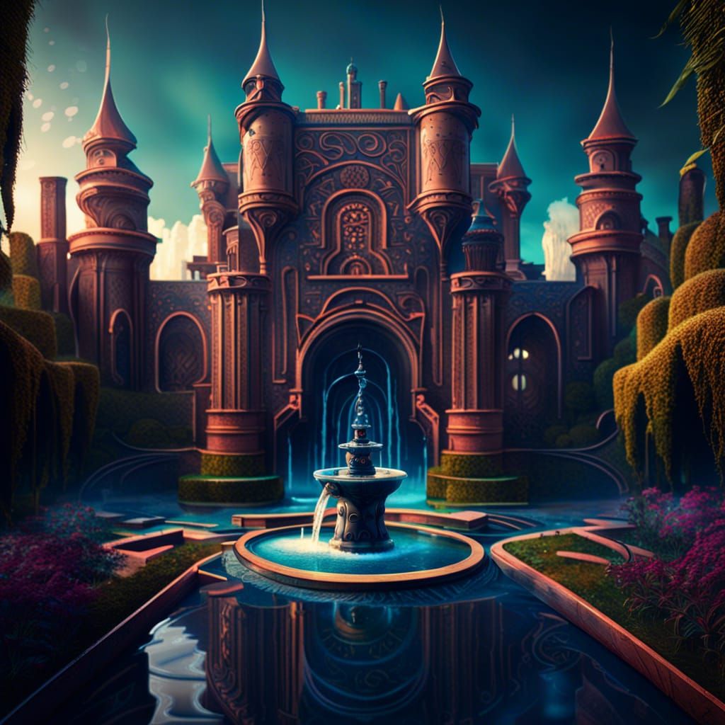 Fairytale Castle Beside Ornate Maze with Fountain