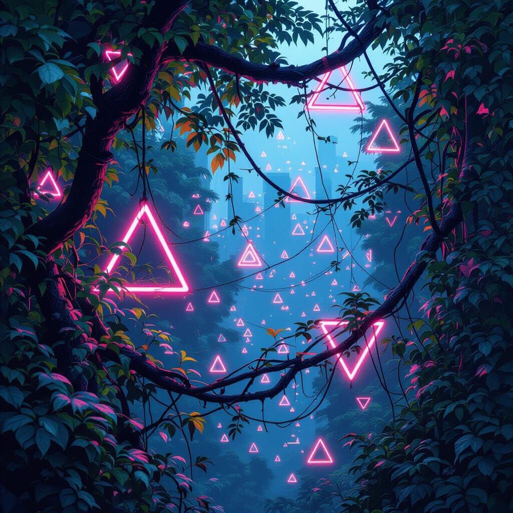 Cyberpunk Tree Branches with Neon Triangles