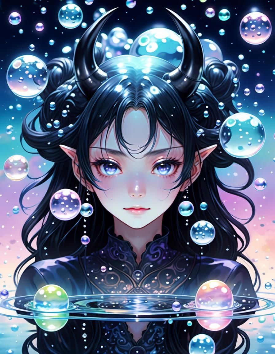 Meditative Black Demoness in Anime Style with Glass Orbs