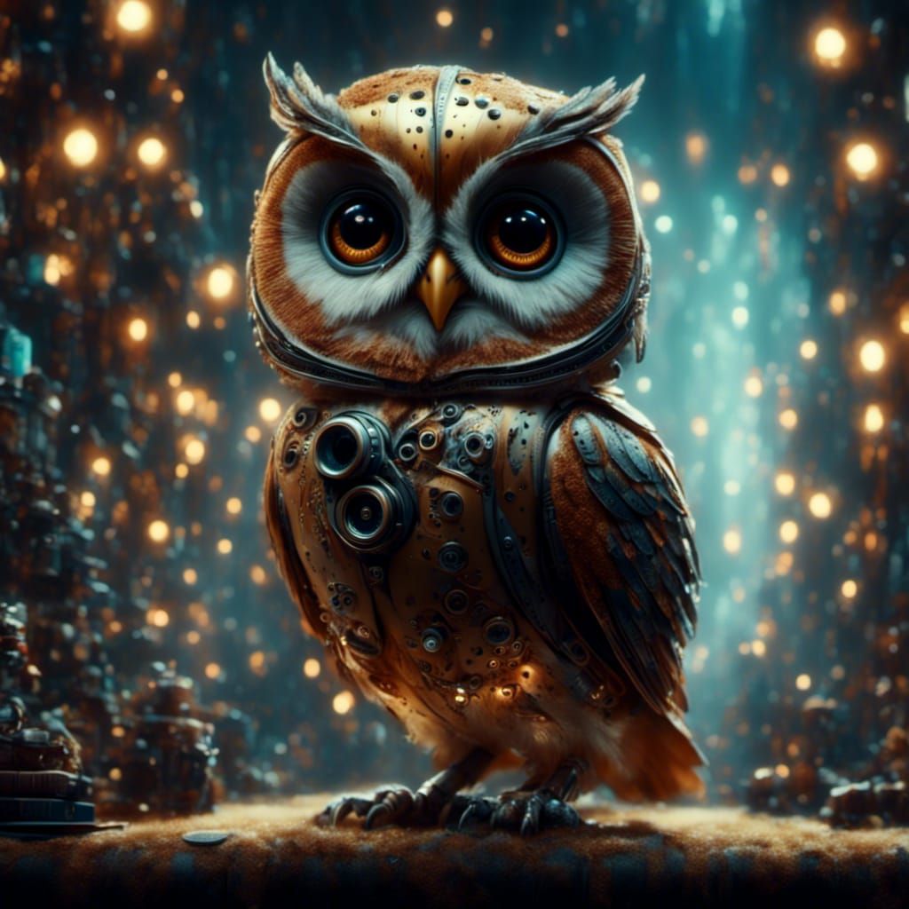 Cute Chibi Robot Owl in Cinematic Style