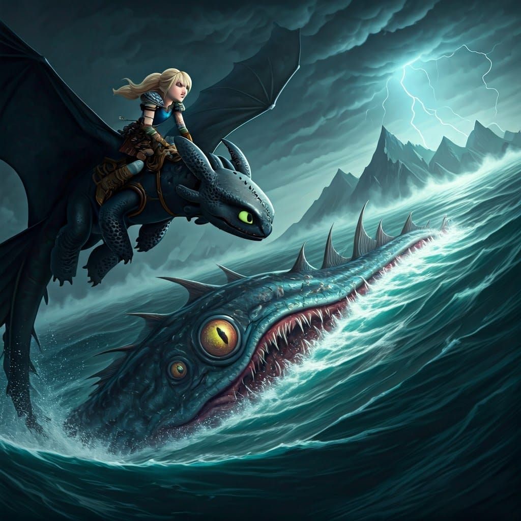 Astrid and Toothless Soar Above Mutated Sea