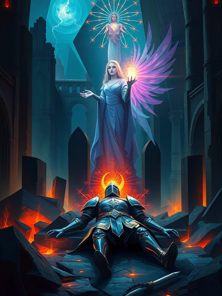 Ethereal Knight in Cosmic Ruins, a Neo-Cubist Masterpiece