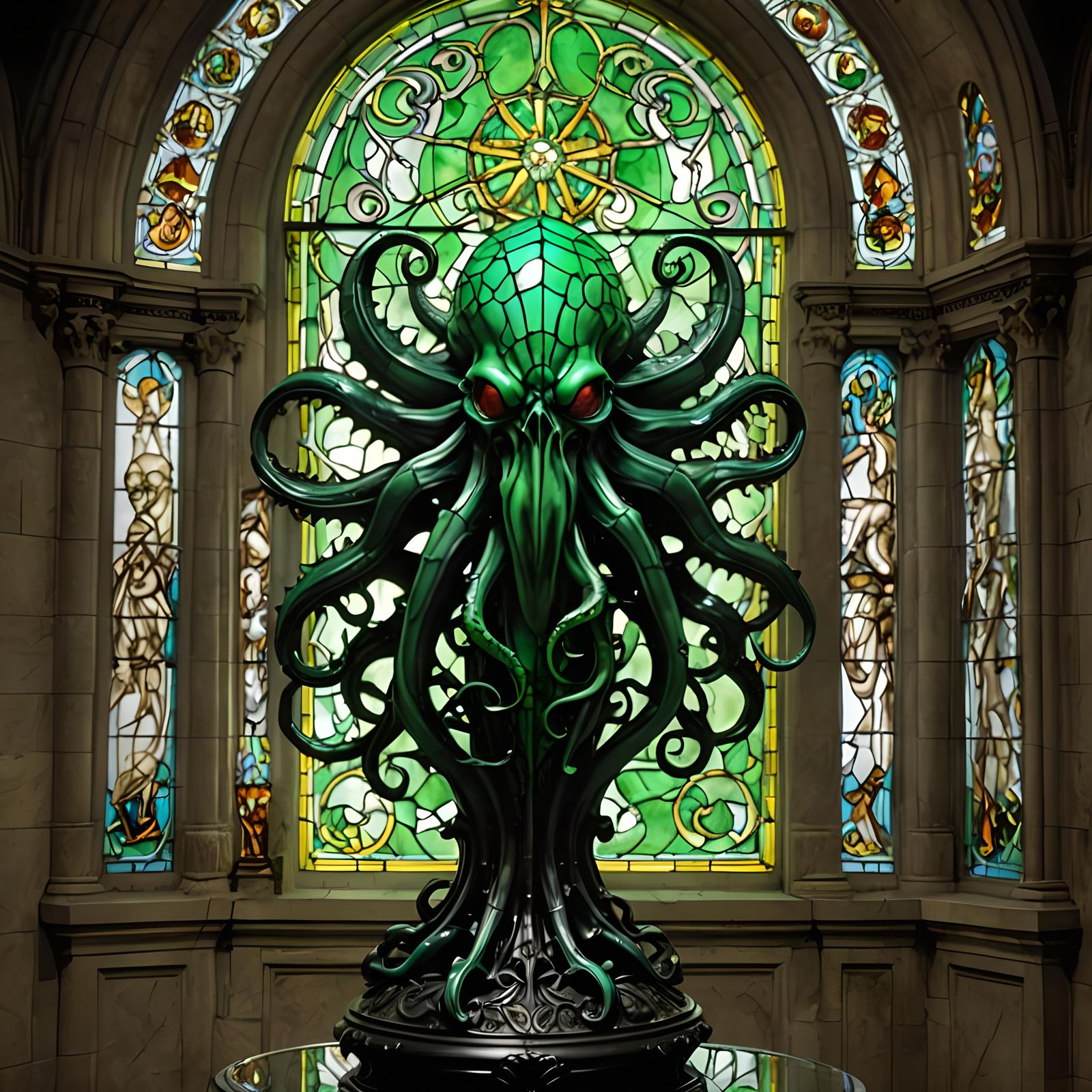 Translucent Green Glass Cthulhu on Bone Pedestal