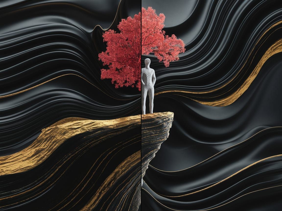 Abstract Figure on Cliff with Red Tree
