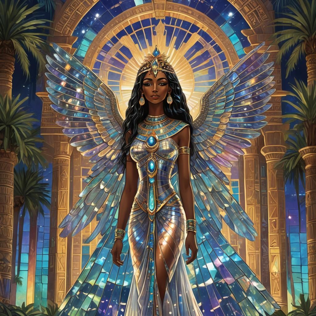 Iridescent Egyptian Goddess in Blacklight Effect