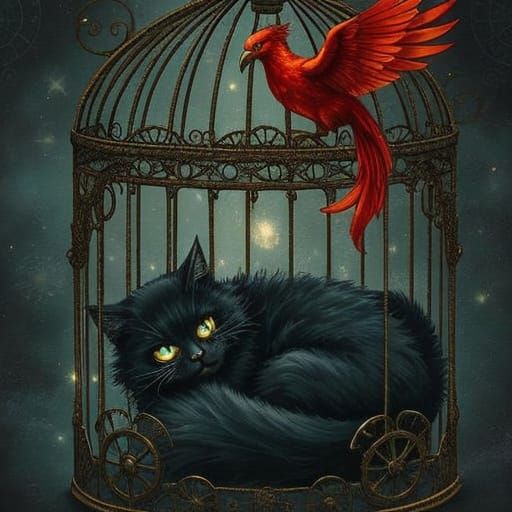 Mysterious Black Cat in Steampunk Birdcage with Phoenix