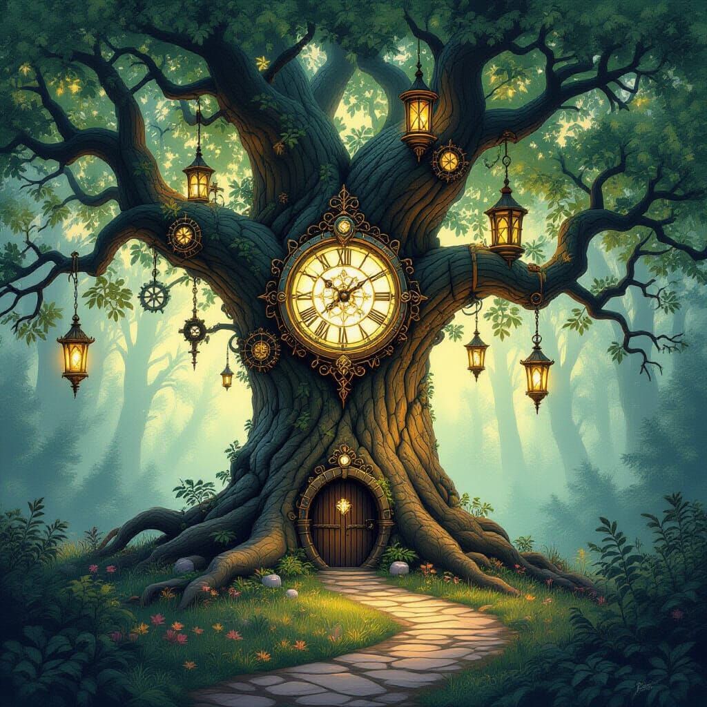 Enchanted Tree with Runes and Clockwork in Fantasy Forest