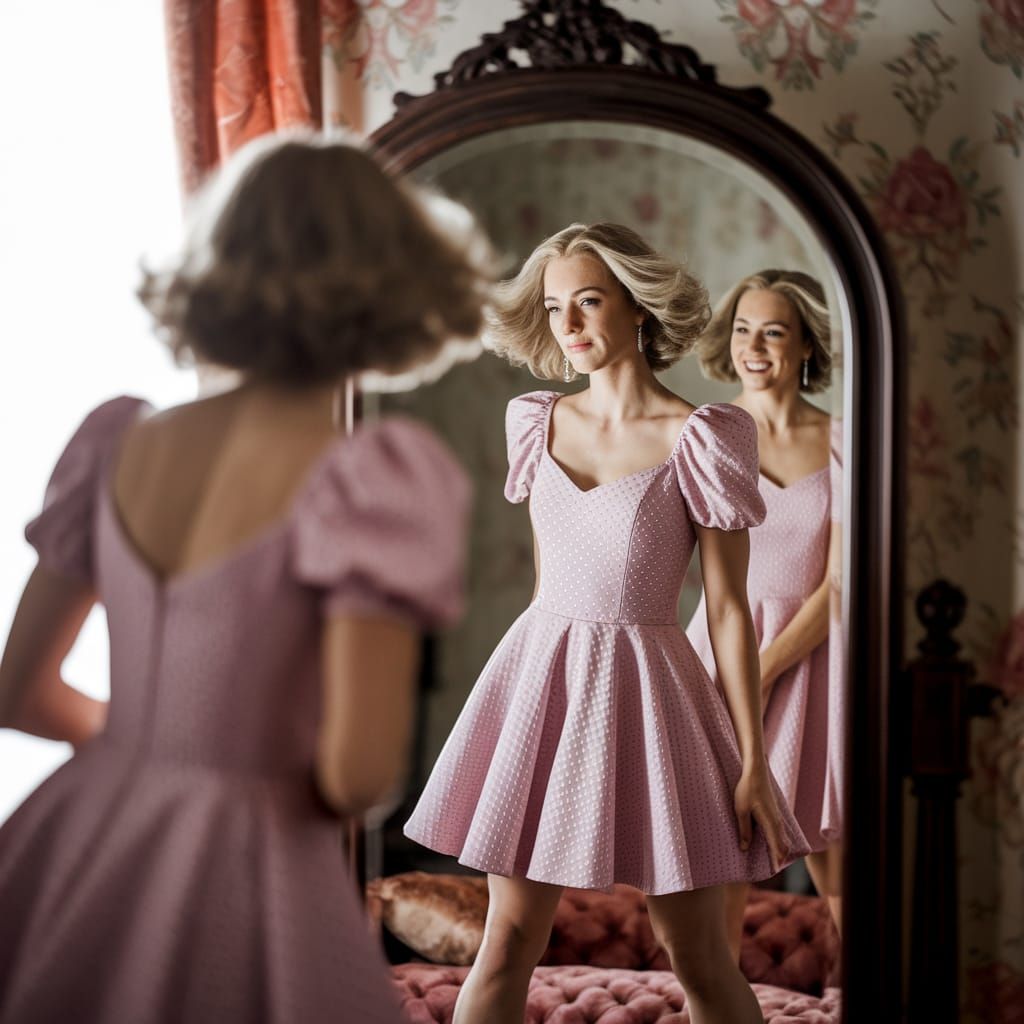 Young Person in Puffed Sleeve Minidress Gazes in Mirror