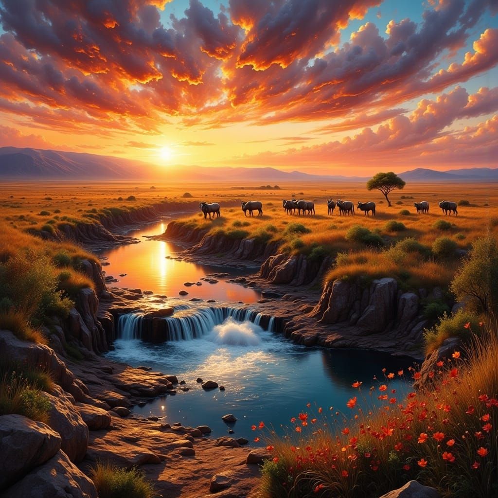 Vibrant Savannah Sunset: Hyperrealistic Digital Art