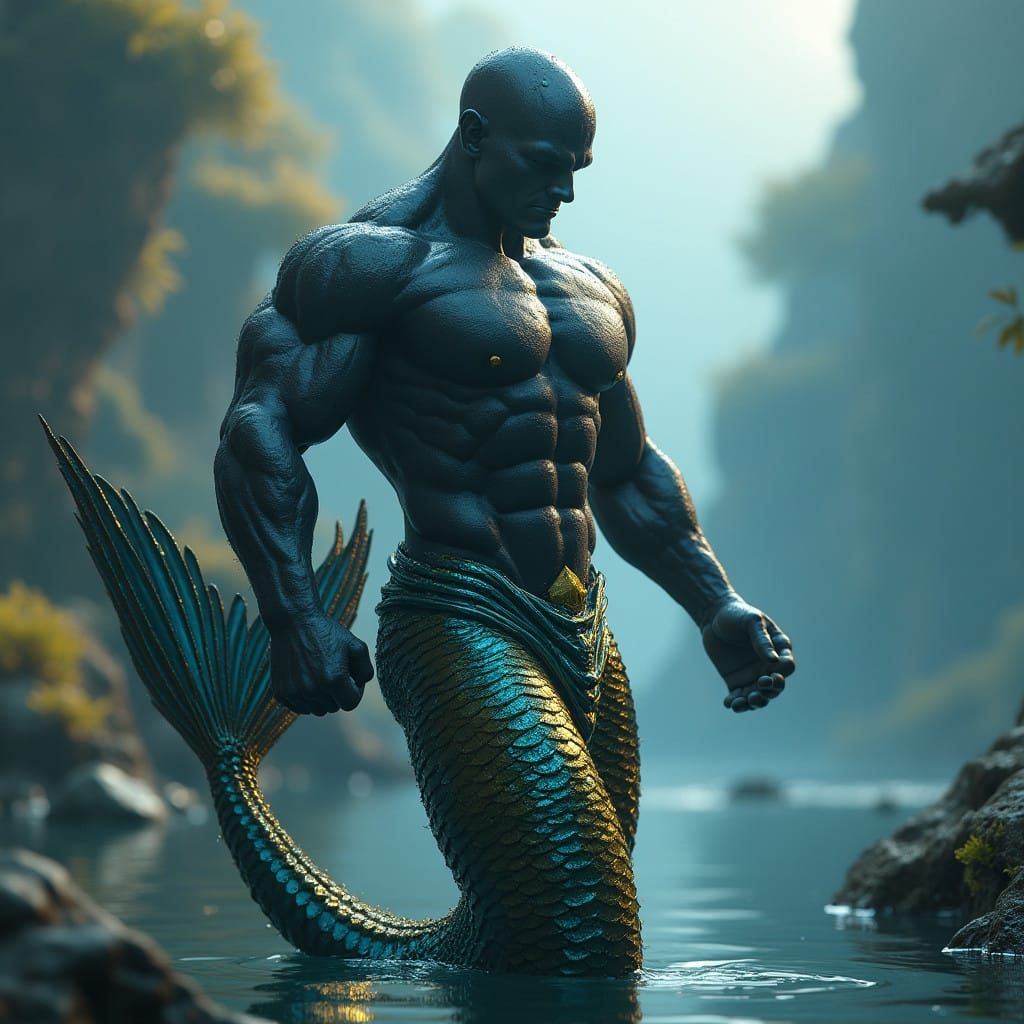 Majestic Black Merman in Epic Fantasy Landscape