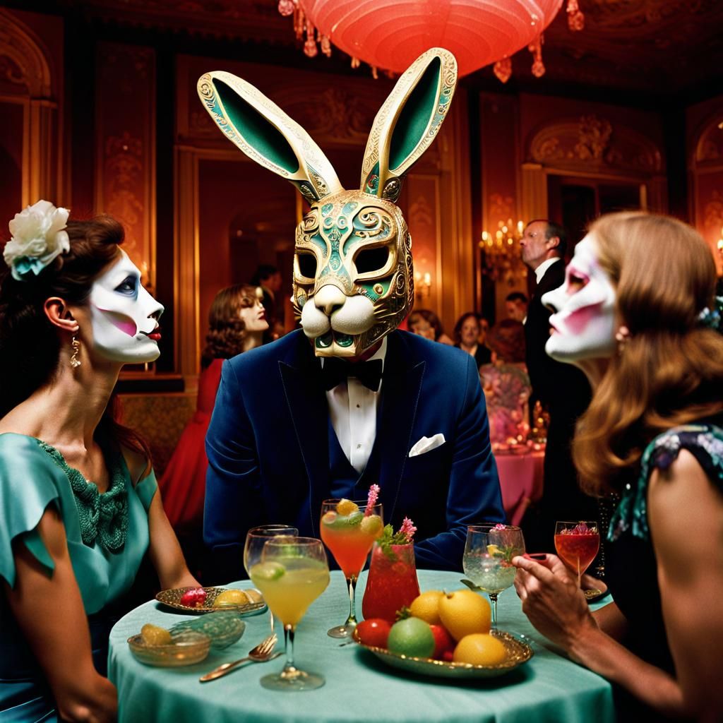 Surreal Rabbit Mask at Cocktail Party