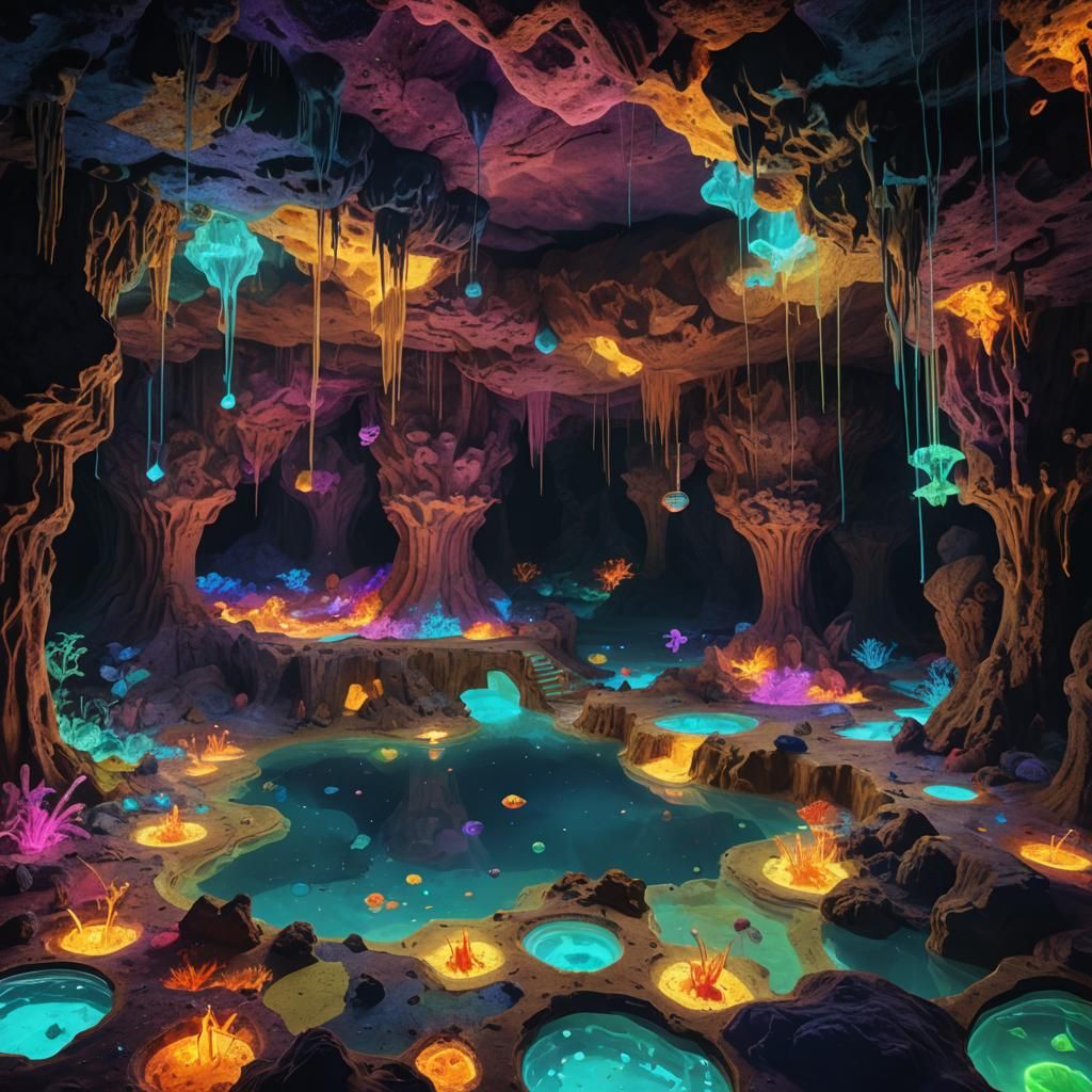 Alien Caves with Bioluminescent Pools in Psychedelic Colors
