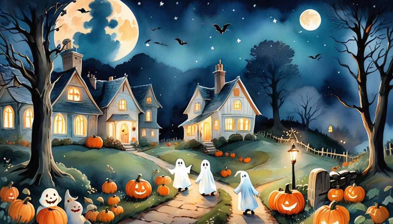 Halloween Night Scene in Watercolor Children's Illustration