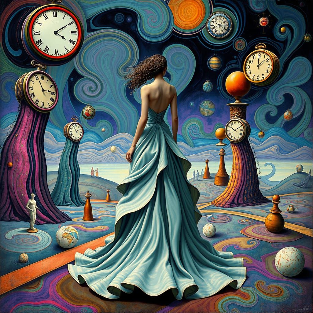 Surreal Woman in Dreamlike Landscape as Surrealist Painting