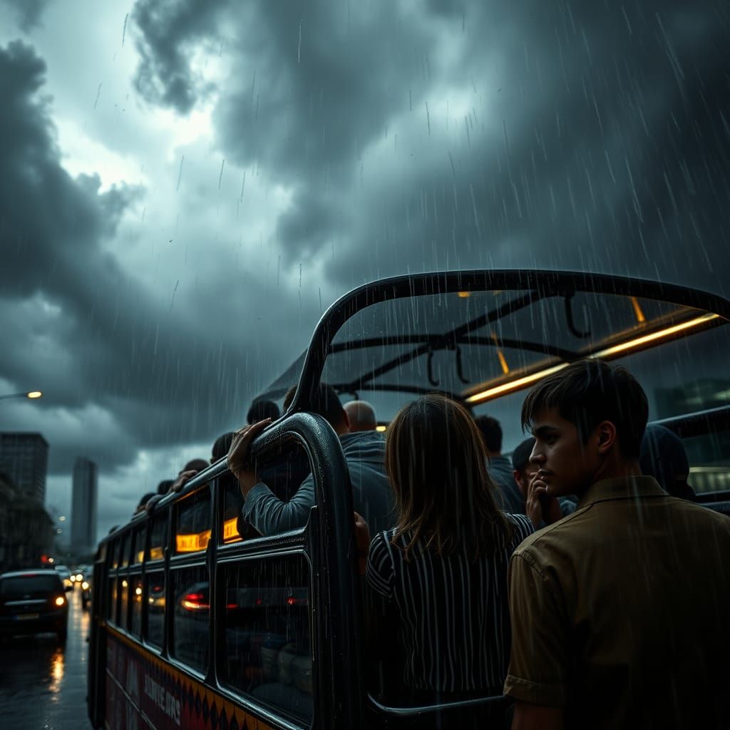 Hyperrealistic Raining Bus Scene in Cinematic Style