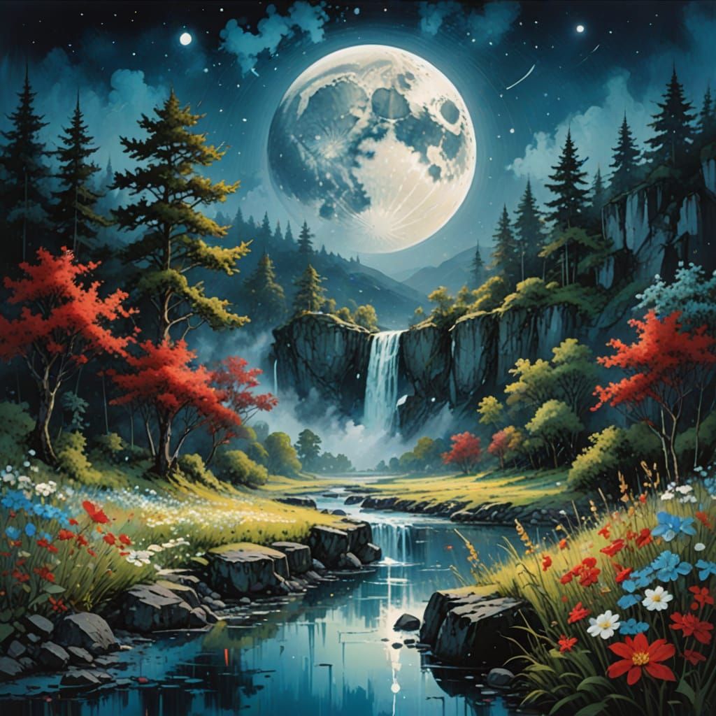 Beautiful moon, lush and spectacular summer landscape in the...