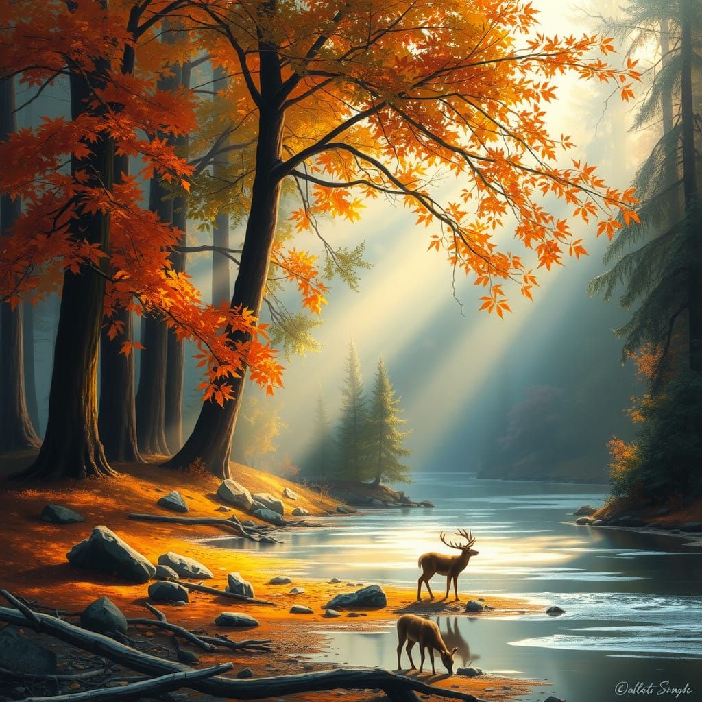 Deer in Autumnal Forest Watercolor Landscape