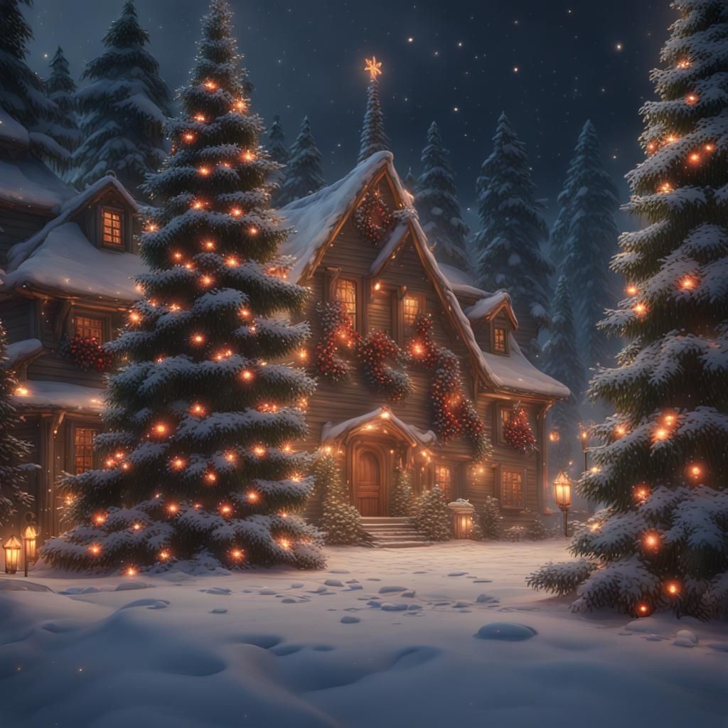 Cardinals in Evergreen Trees with Christmas Lights