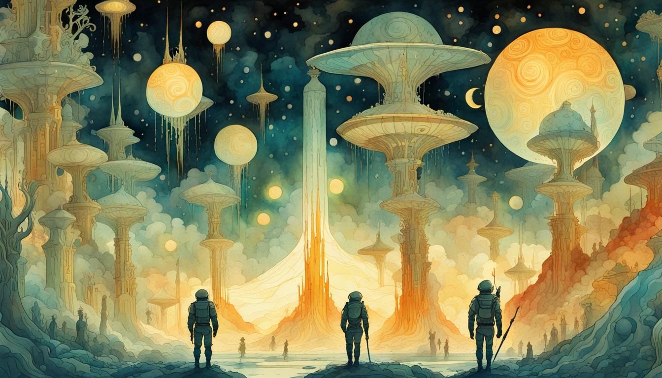 Futuristic Soldiers on Alien Planet in Watercolor Style