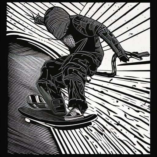 Skaters on Halfpipe: A Black and White Linocut