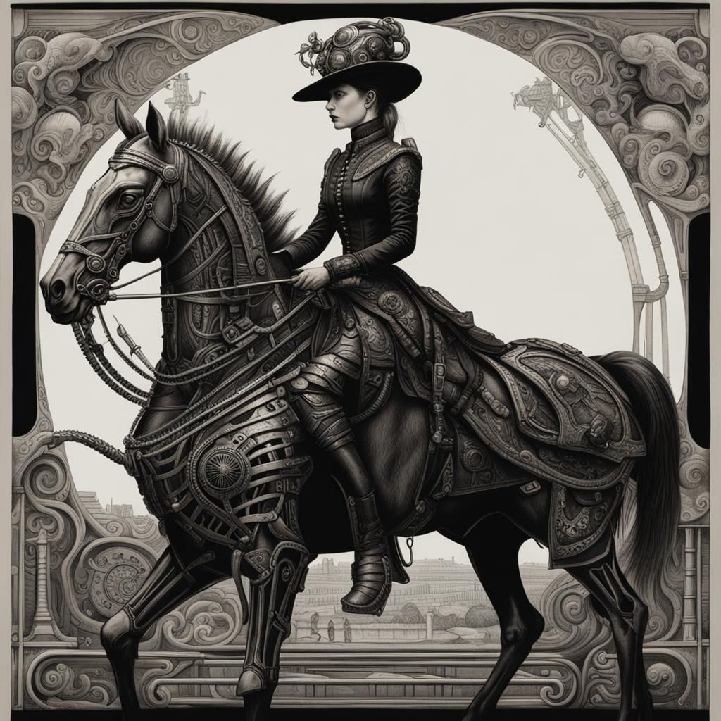 Victorian Woman on Horseback in Giger Biomechanical Style