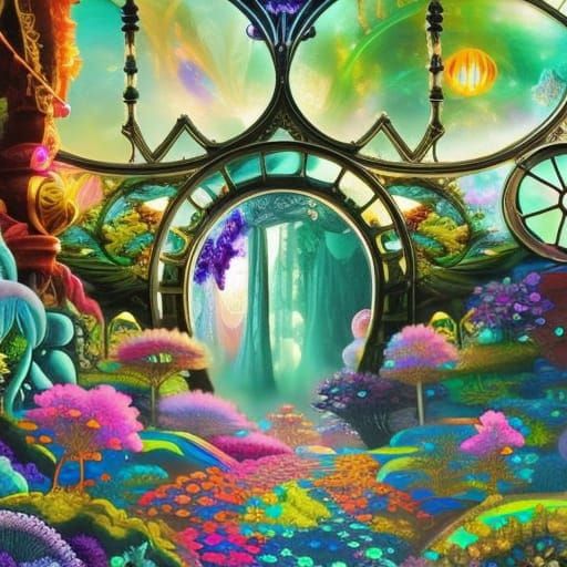 Steampunk Garden Labyrinth with Neon Glow, Opt Art