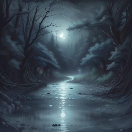 Blue Moonlit River Landscape at Night