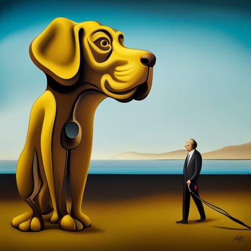 Surreal Yellow Dog Statue in Dali Style