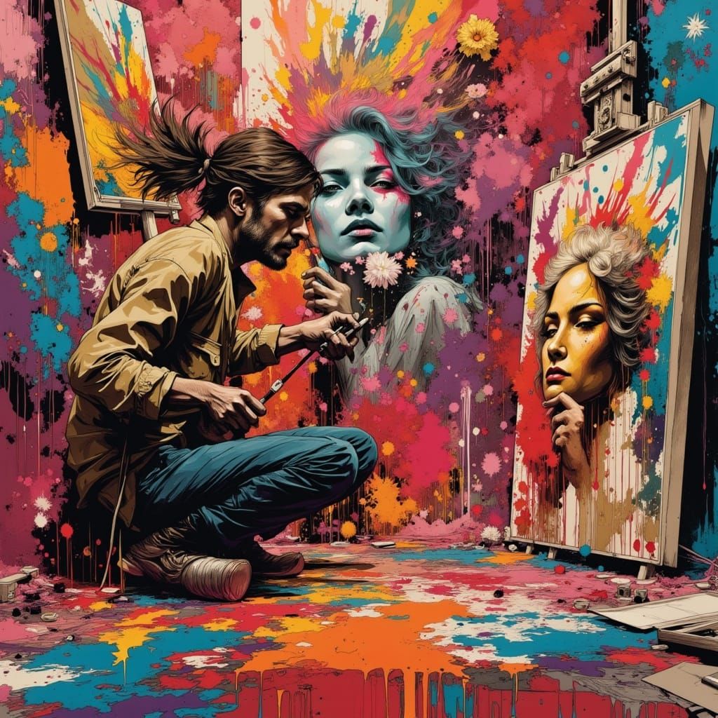 Chaotic Artist's Studio with Emerging Portraits