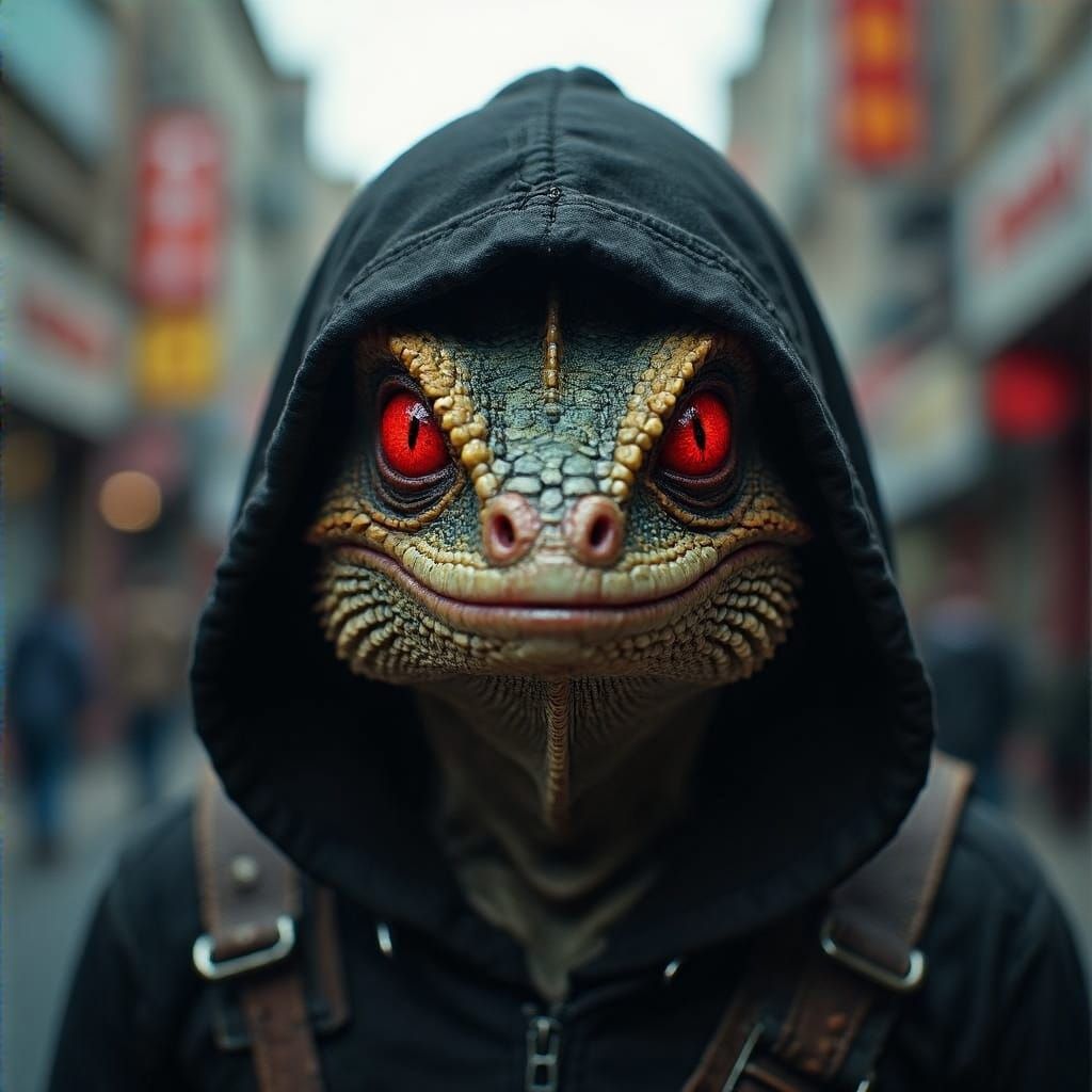 Fierce Lizard Alien with Red Eyes and Black Hood